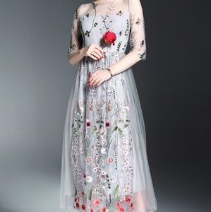 Grey mesh paneled embroidered floral midi dress